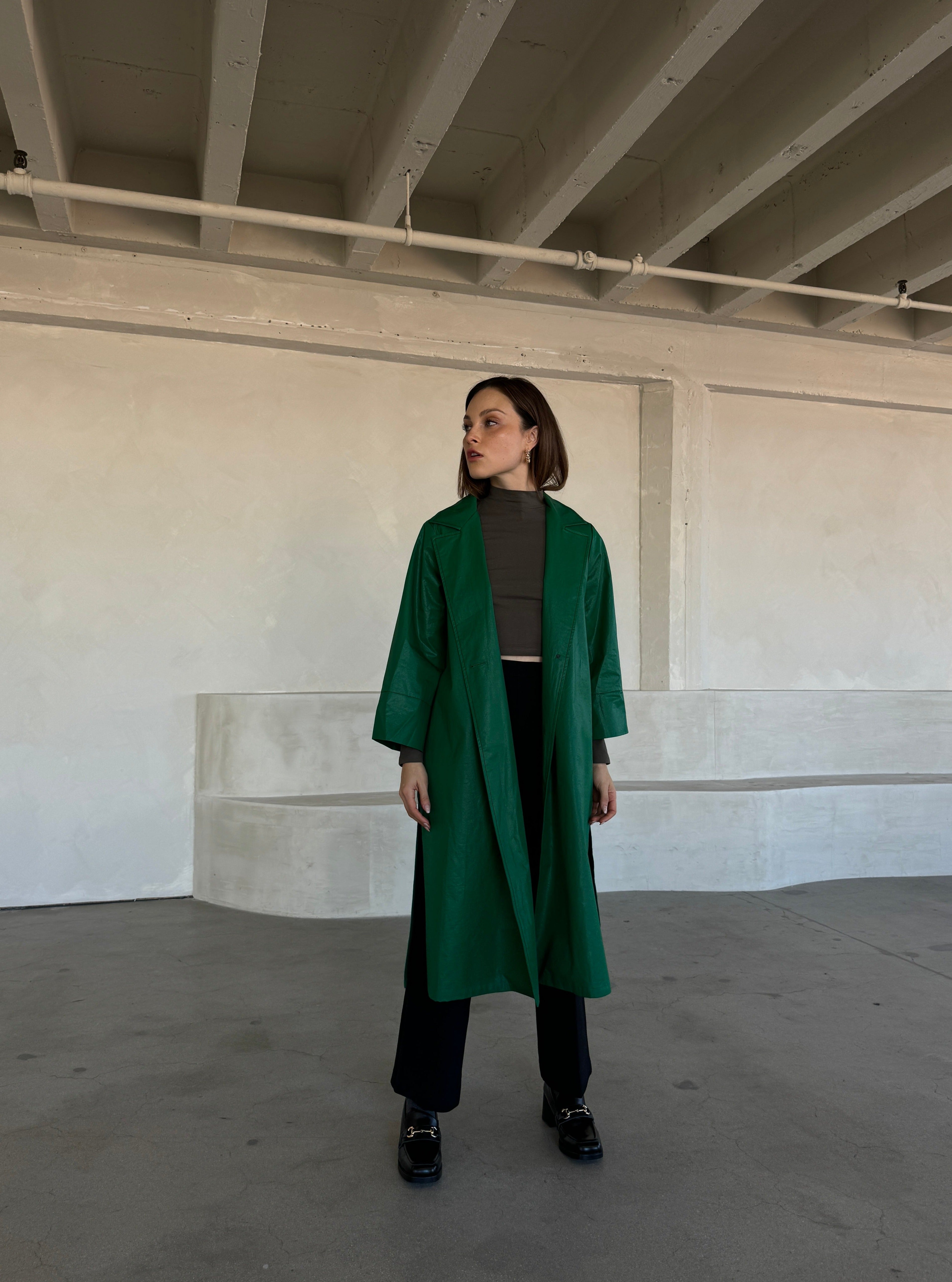 Green Faux Leather Trench