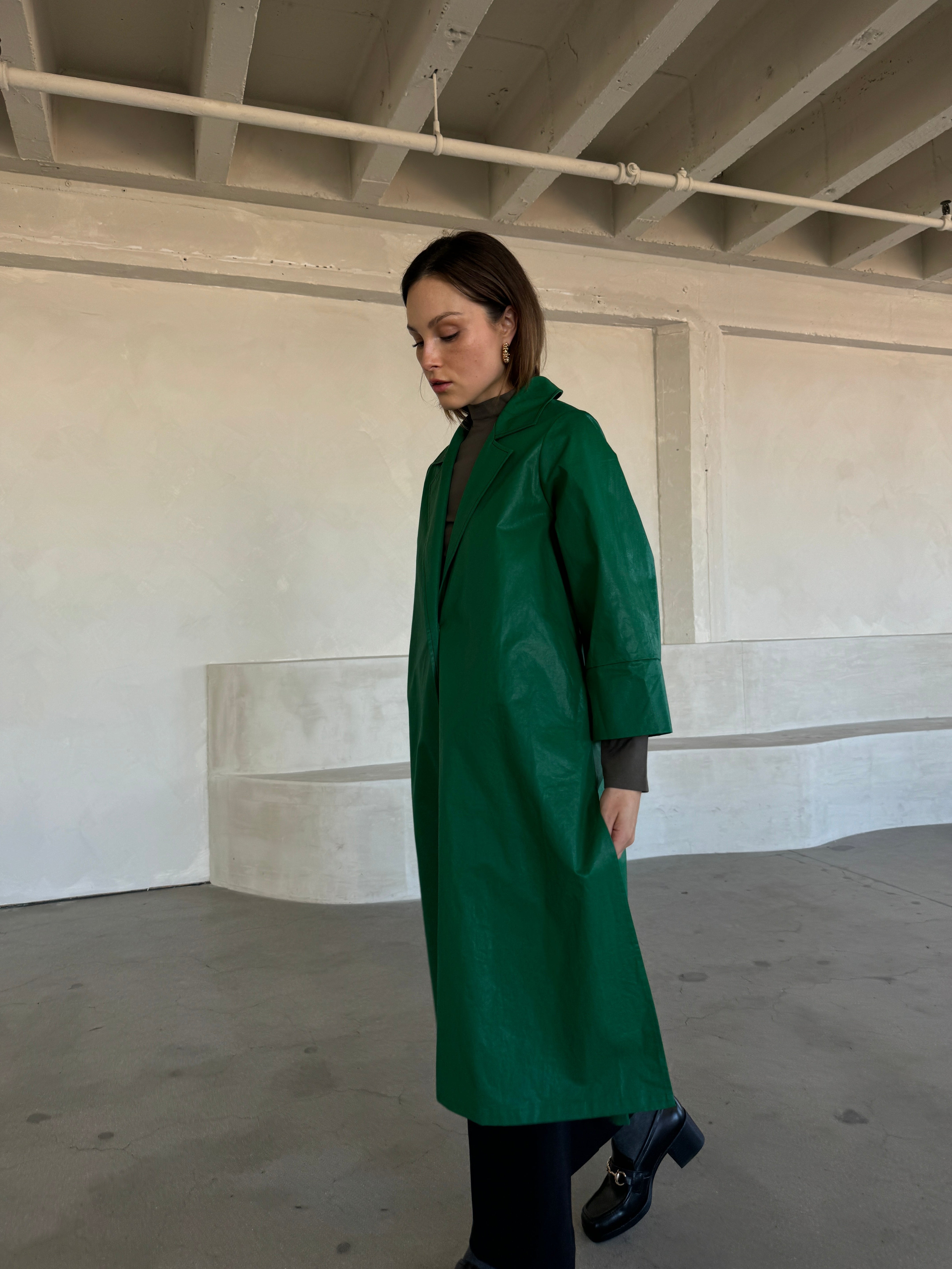 Green Faux Leather Trench