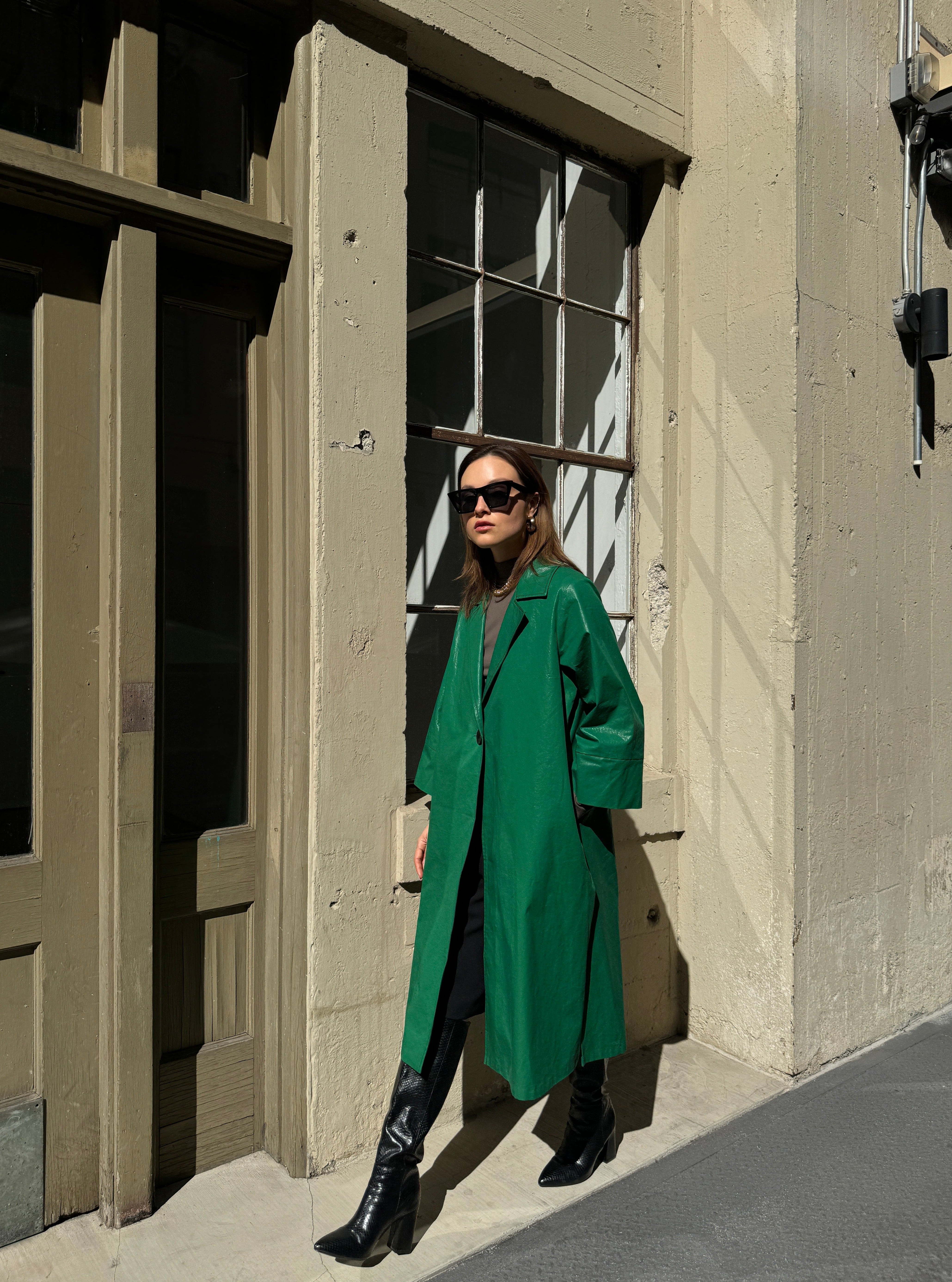 Green Faux Leather Trench
