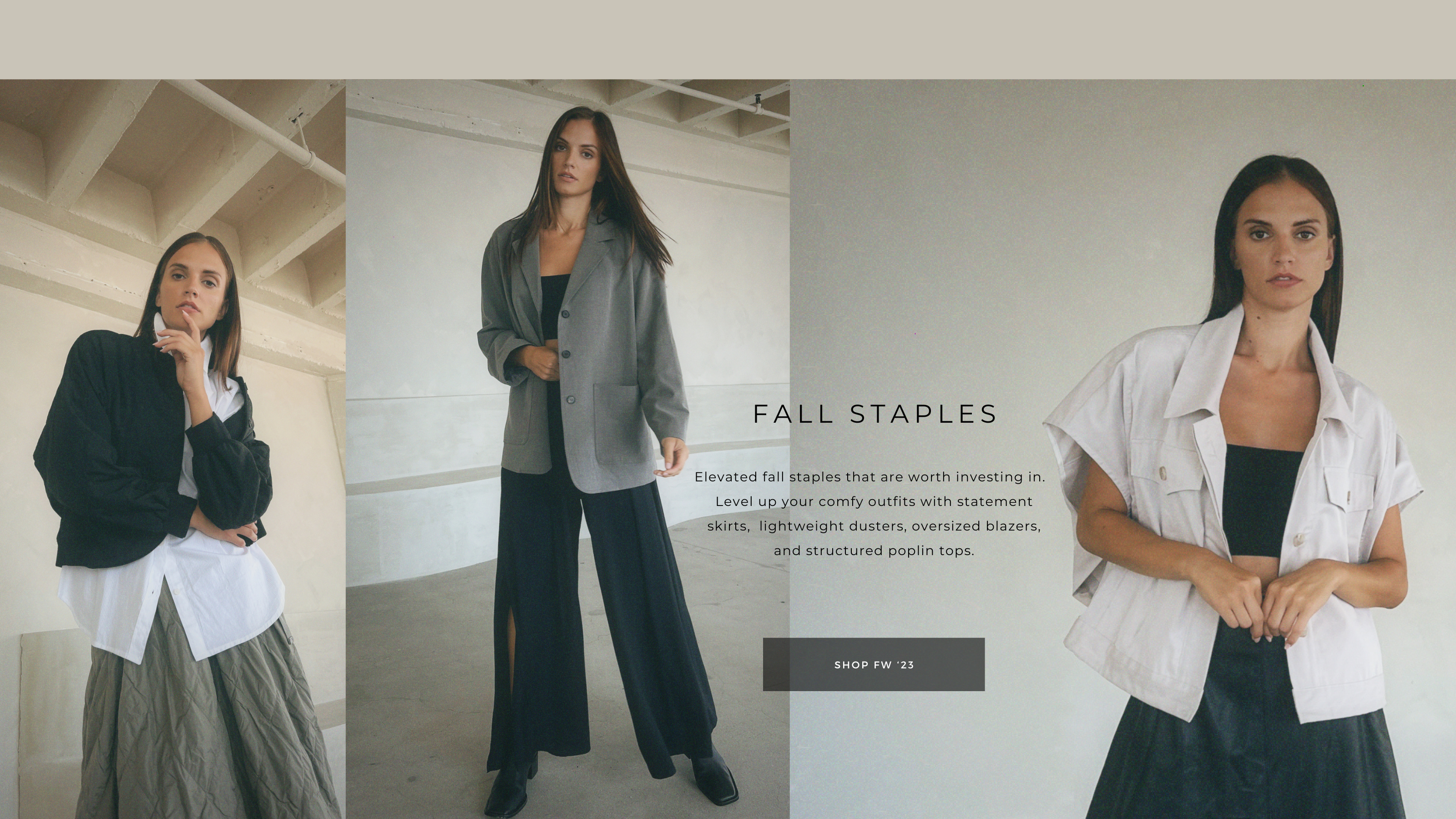 Fall Staples.  Elevated fall staples that are worth investing in.  Level up your comfy outfits with statement skirts, lightweight dusters, oversized blazers, and structured poplin tops.