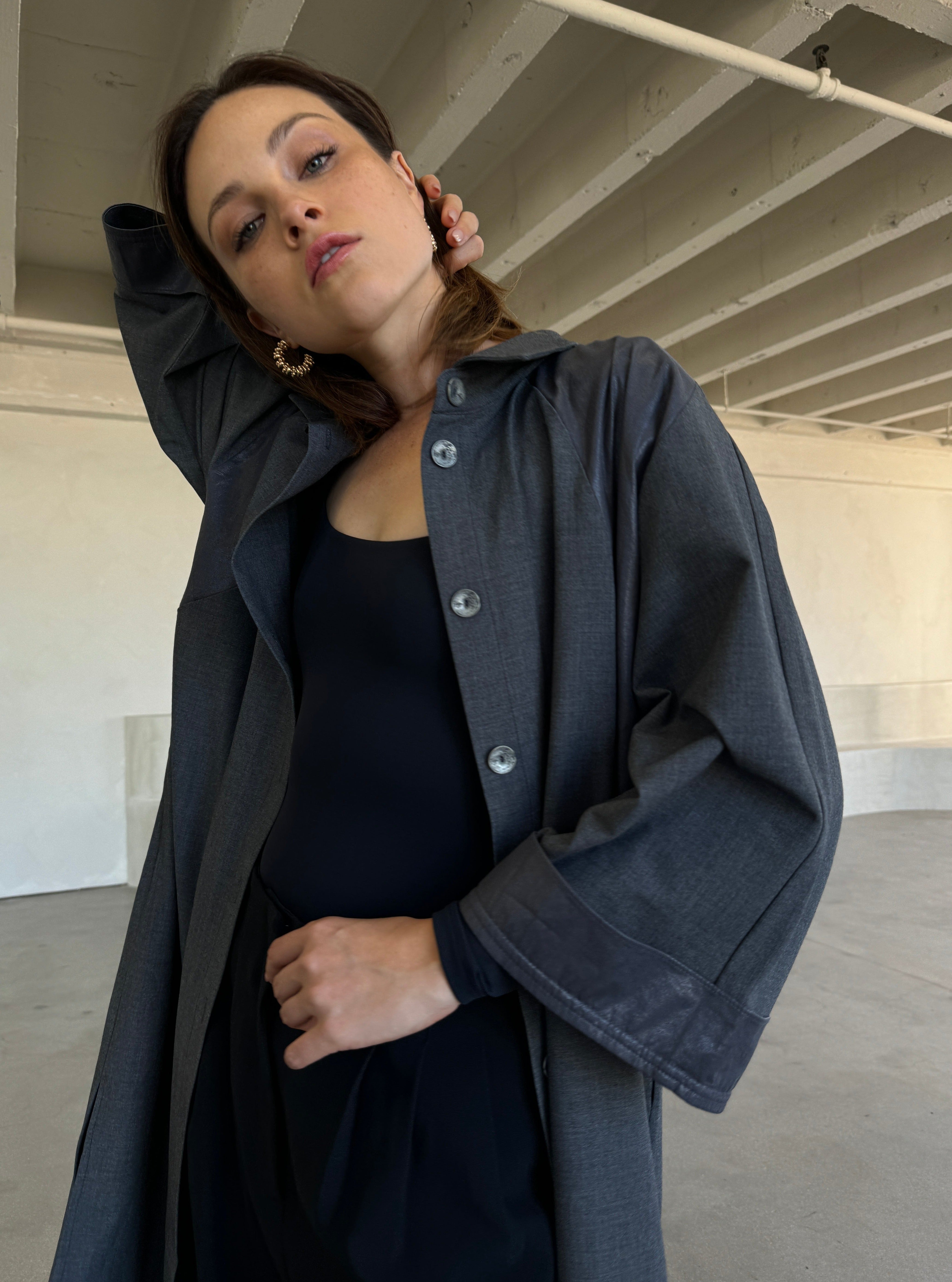Button Up Faux Leather Detail Trench